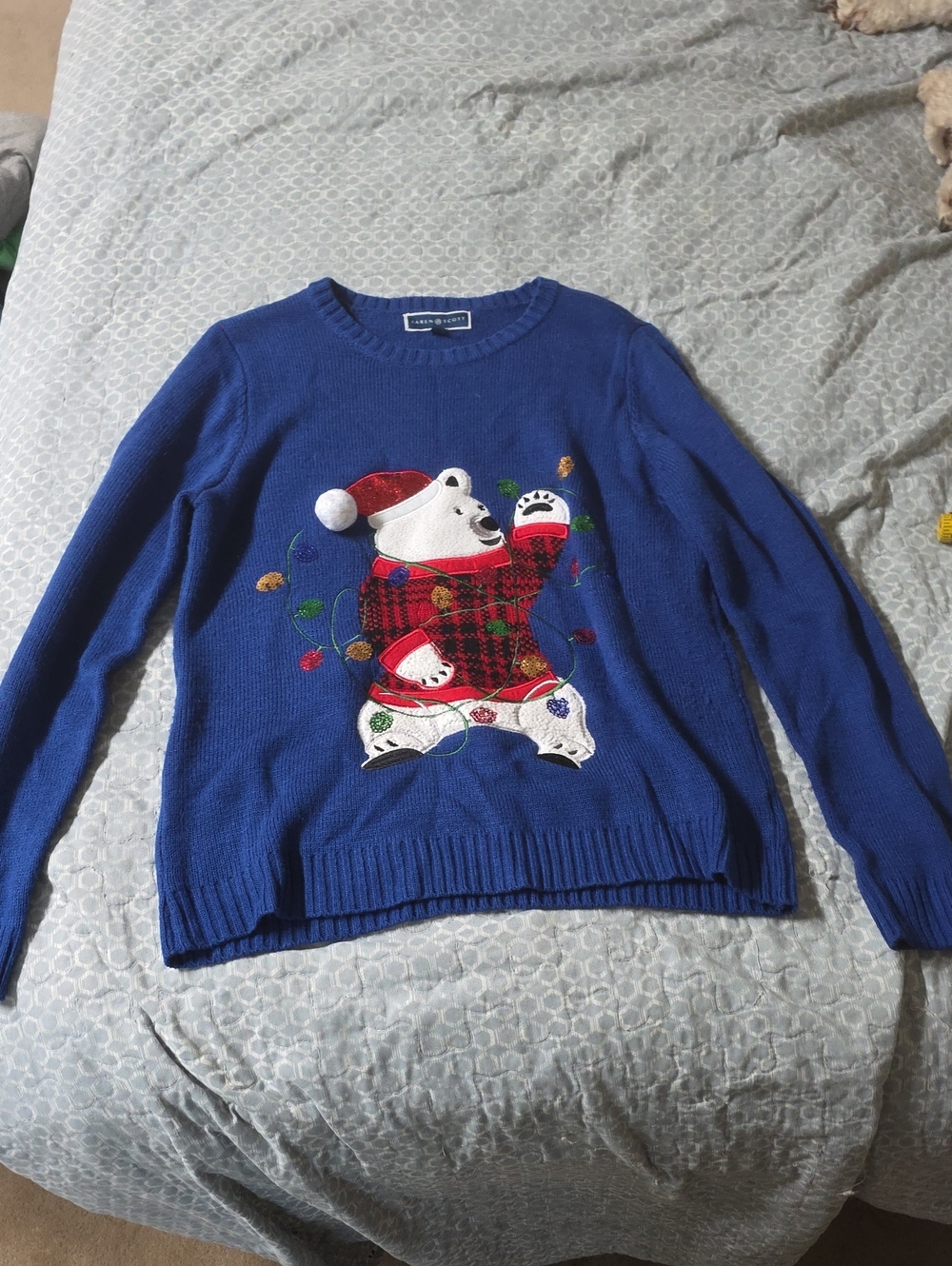 Karen Scott Royal Blue Crewneck Sweater with Festive Polar Bear